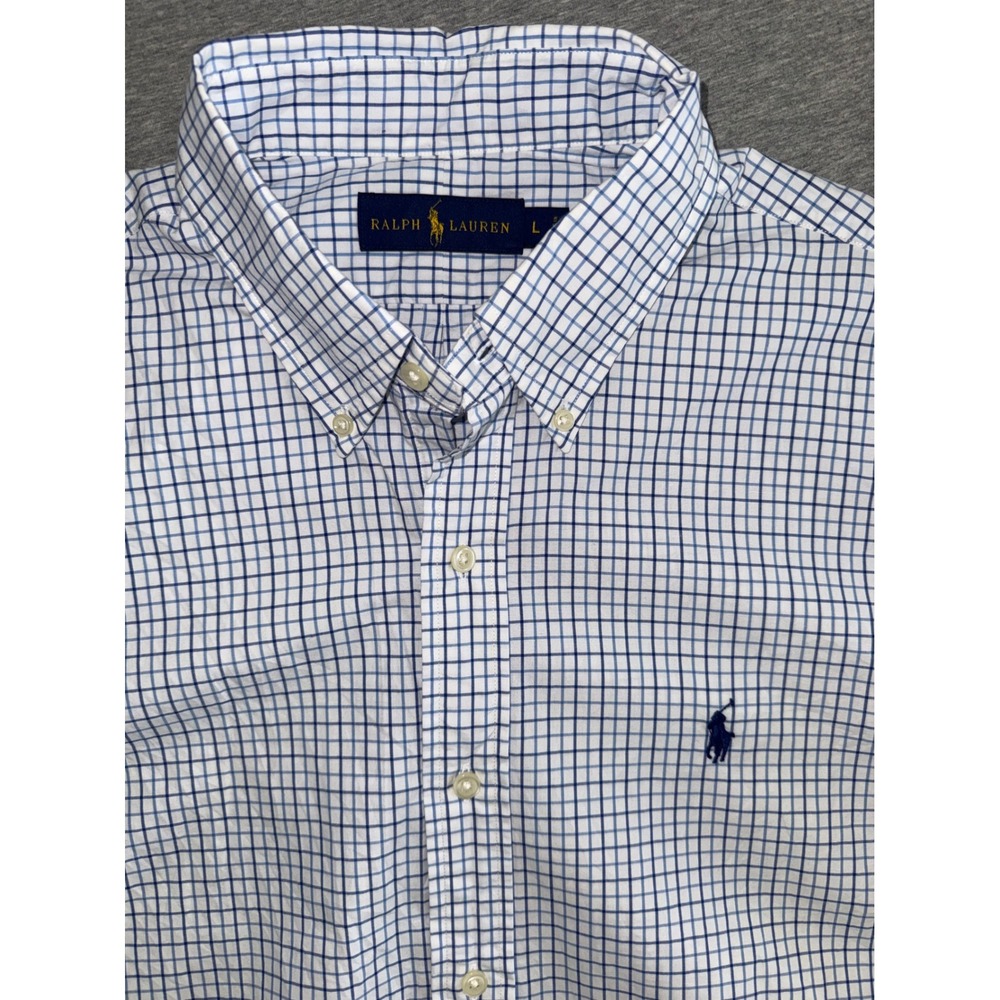 Ralph Lauren Mens Blue White Check  Short Sleeve Button Down Shirt Size Large